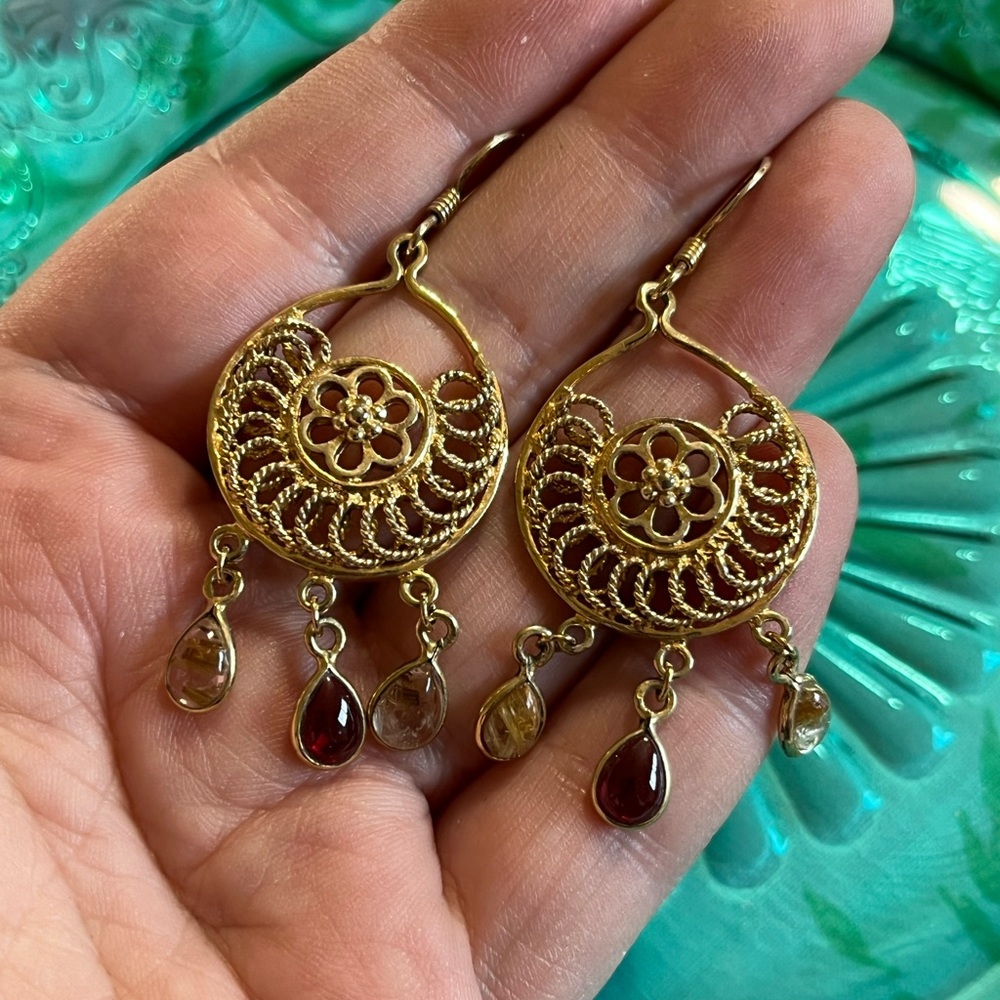 Vintage Gold Plated Sterling Silver 925Amethyst Rutilated Quartz Earrings